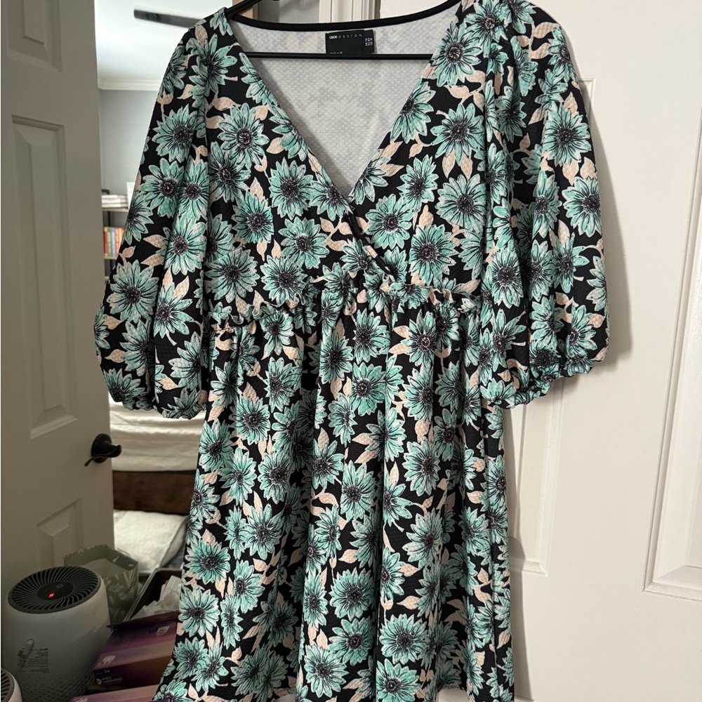 Floral V-Neck Dress with Puff Sleeves